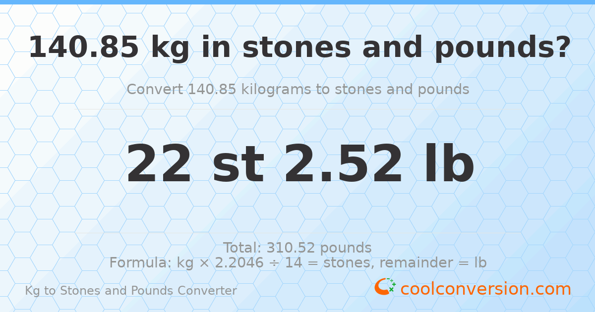 140.85 kg to stones and pounds — 140.85 kg = 22 st 2.52 lb