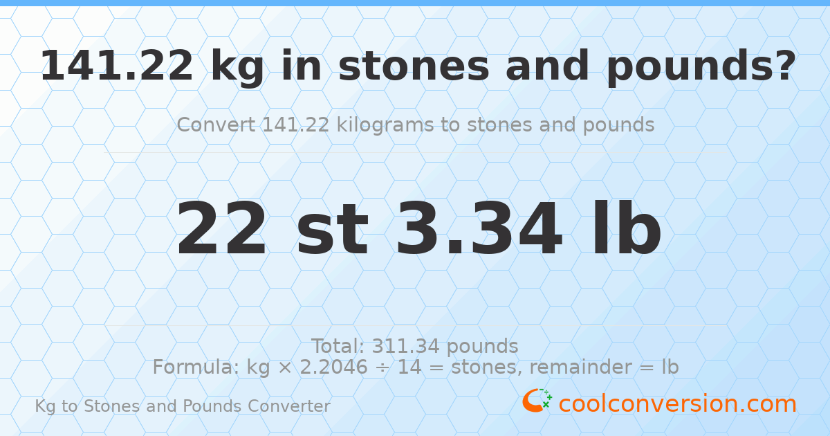 141.22 kg to stones and pounds — 141.22 kg = 22 st 3.34 lb