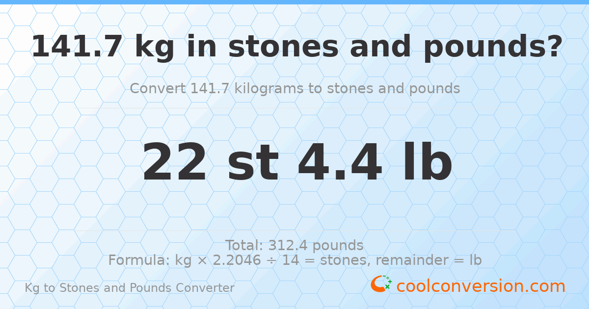 141.70 kg to stones and pounds — 141.70 kg = 22 st 4.40 lb