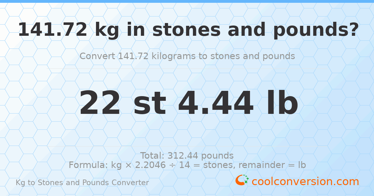 141.72 kg to stones and pounds — 141.72 kg = 22 st 4.44 lb