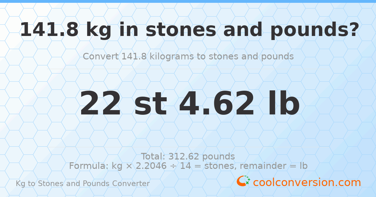141.80 kg to stones and pounds — 141.80 kg = 22 st 4.62 lb