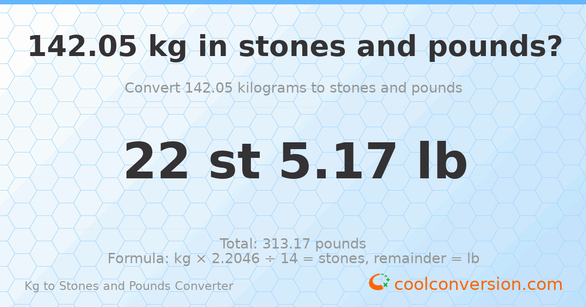 142.05 kg to stones and pounds — 142.05 kg = 22 st 5.17 lb