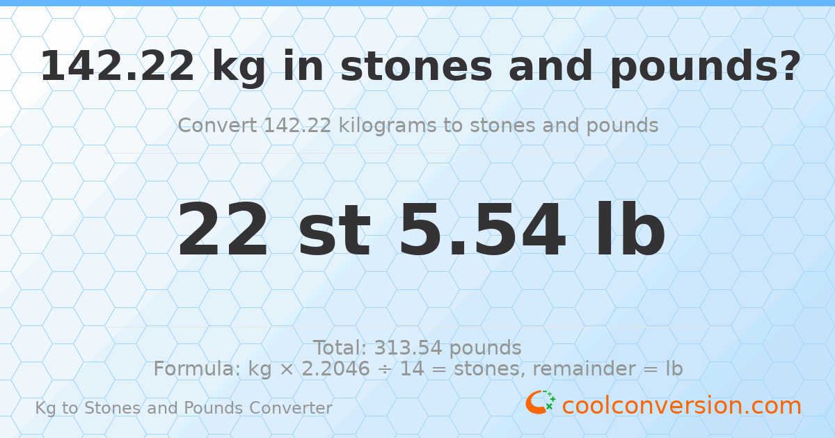 142.22 kg to stones and pounds — 142.22 kg = 22 st 5.54 lb