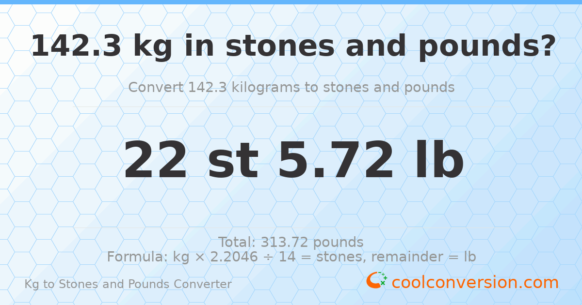 142.30 kg to stones and pounds — 142.30 kg = 22 st 5.72 lb