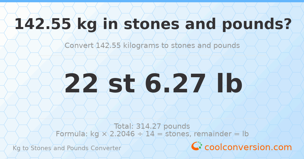 142.55 kg to stones and pounds — 142.55 kg = 22 st 6.27 lb