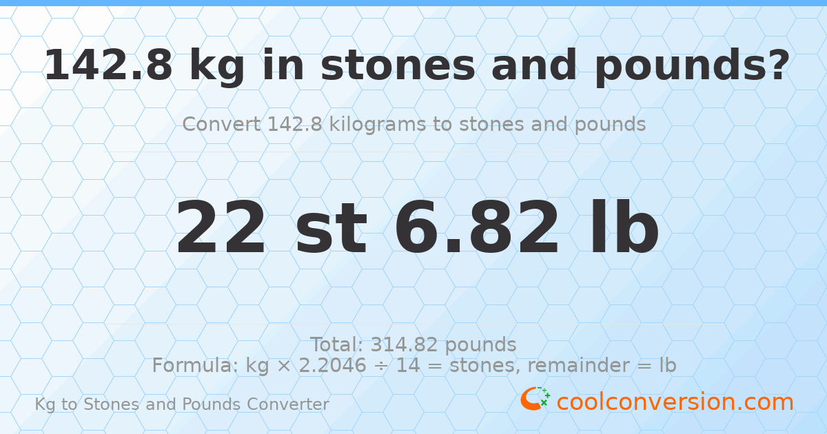 142.8 kg to stones and pounds — 142.8 kg = 22 st 6.82 lb