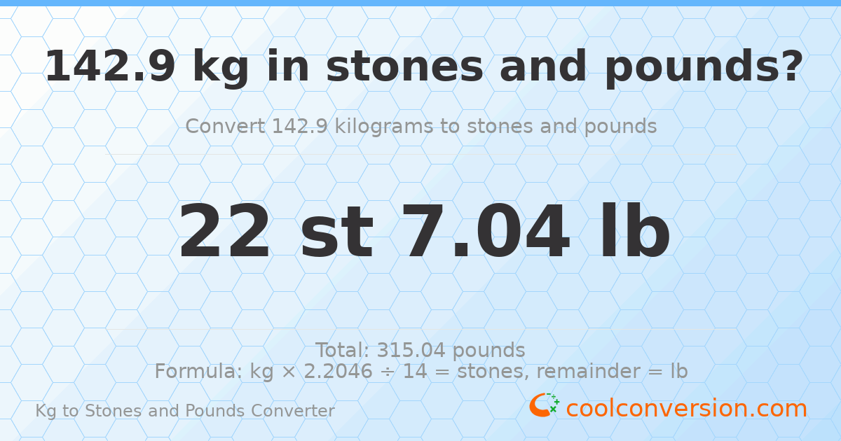 142.90 kg to stones and pounds — 142.90 kg = 22 st 7.04 lb