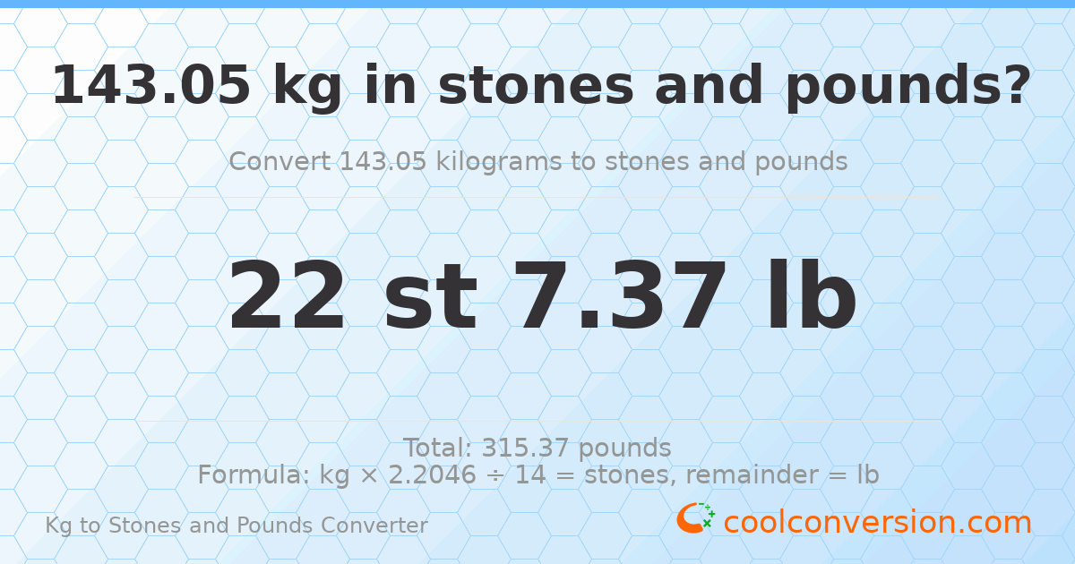 143.05 kg to stones and pounds — 143.05 kg = 22 st 7.37 lb