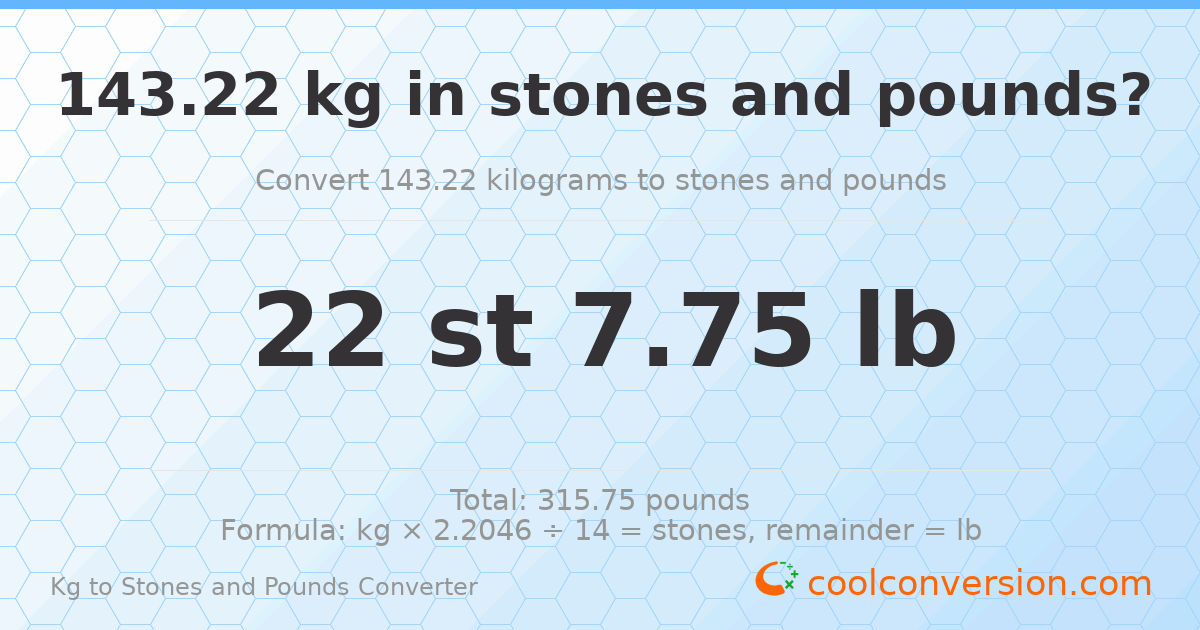 143.22 kg to stones and pounds — 143.22 kg = 22 st 7.75 lb