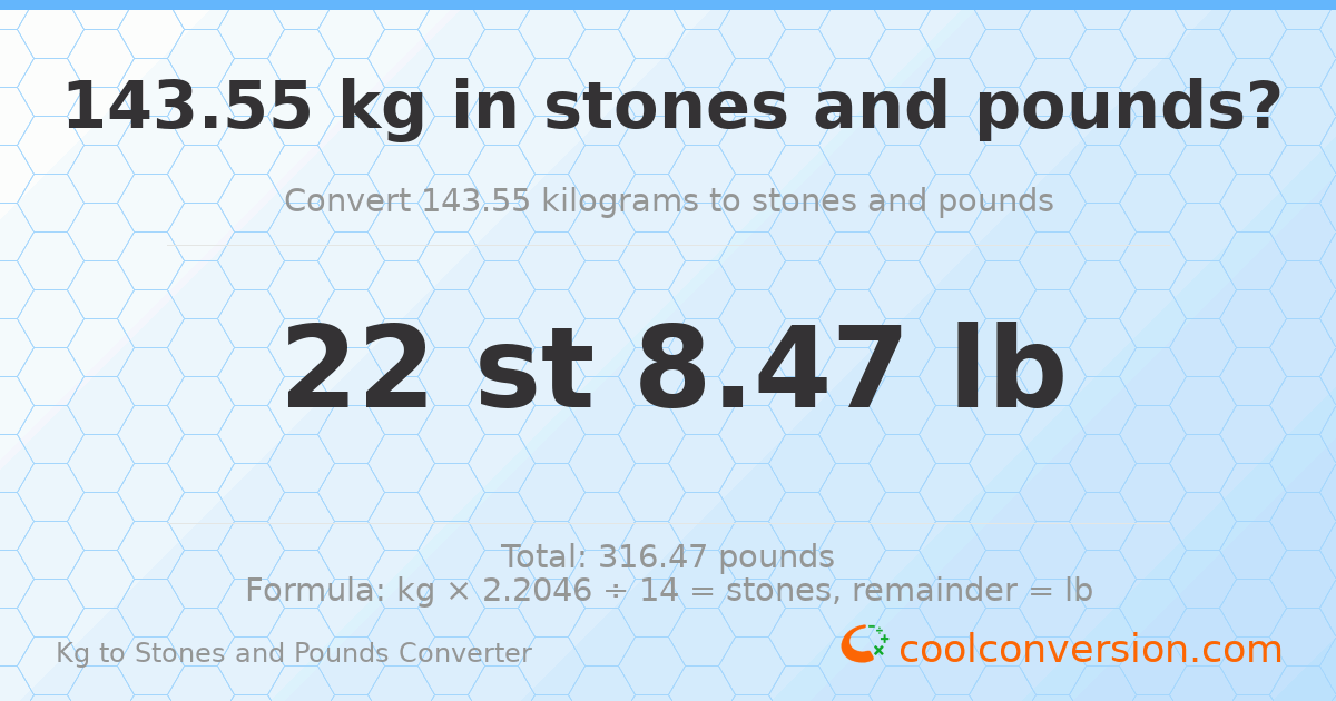 143.55 kg to stones and pounds — 143.55 kg = 22 st 8.47 lb