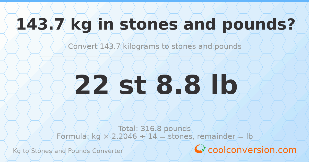 143.7 kg to stones and pounds — 143.7 kg = 22 st 8.80 lb