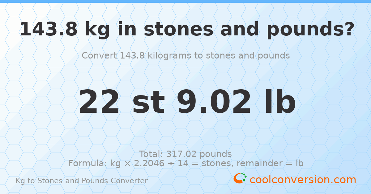 143.8 kg to stones and pounds — 143.8 kg = 22 st 9.02 lb
