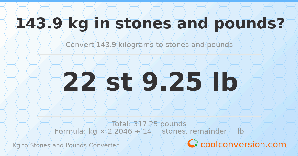 143.9 kg to stones and pounds — 143.9 kg = 22 st 9.25 lb