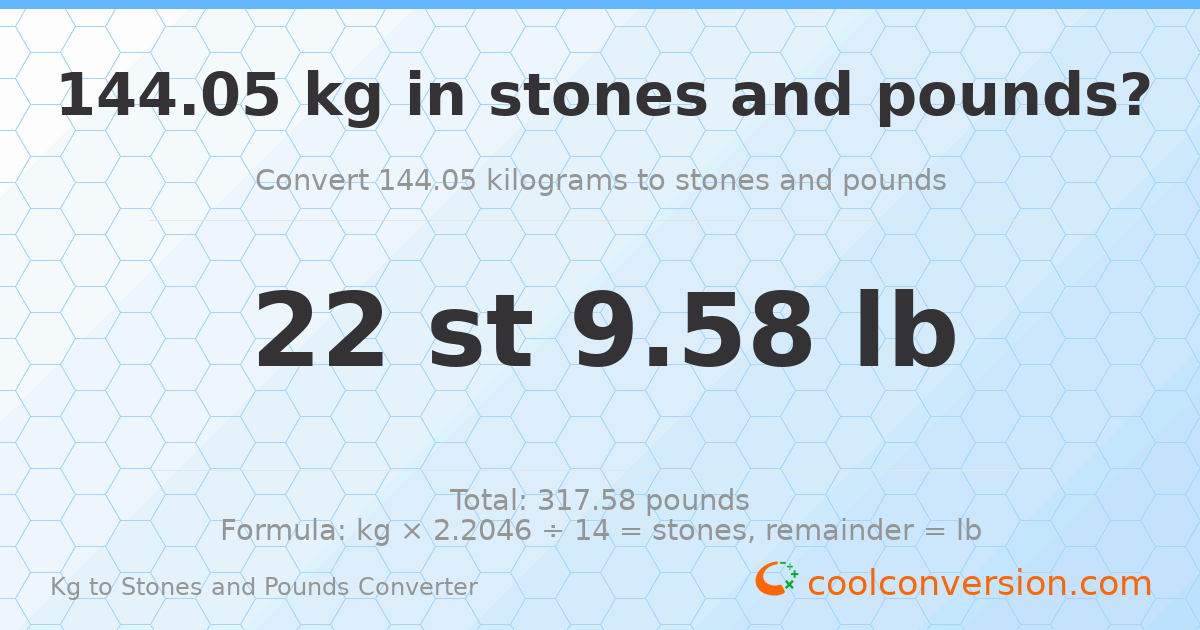144.05 kg to stones and pounds — 144.05 kg = 22 st 9.58 lb