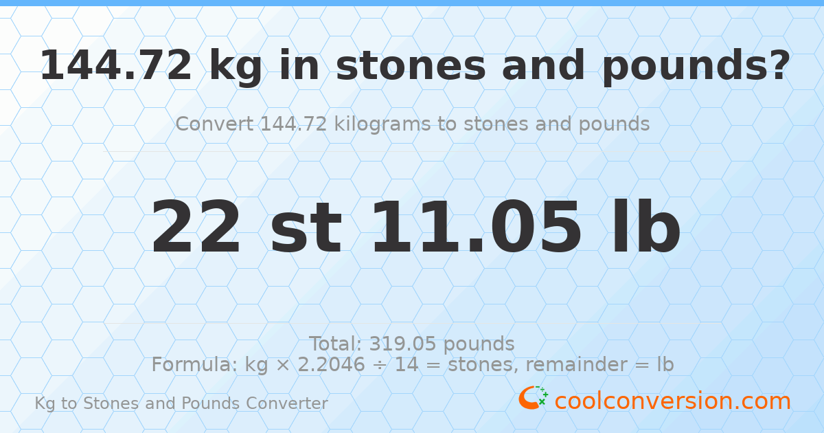 144.72 kg to stones and pounds — 144.72 kg = 22 st 11.05 lb
