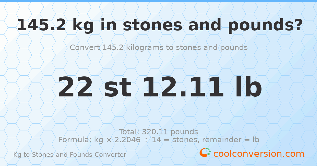 145.20 kg to stones and pounds — 145.20 kg = 22 st 12.11 lb