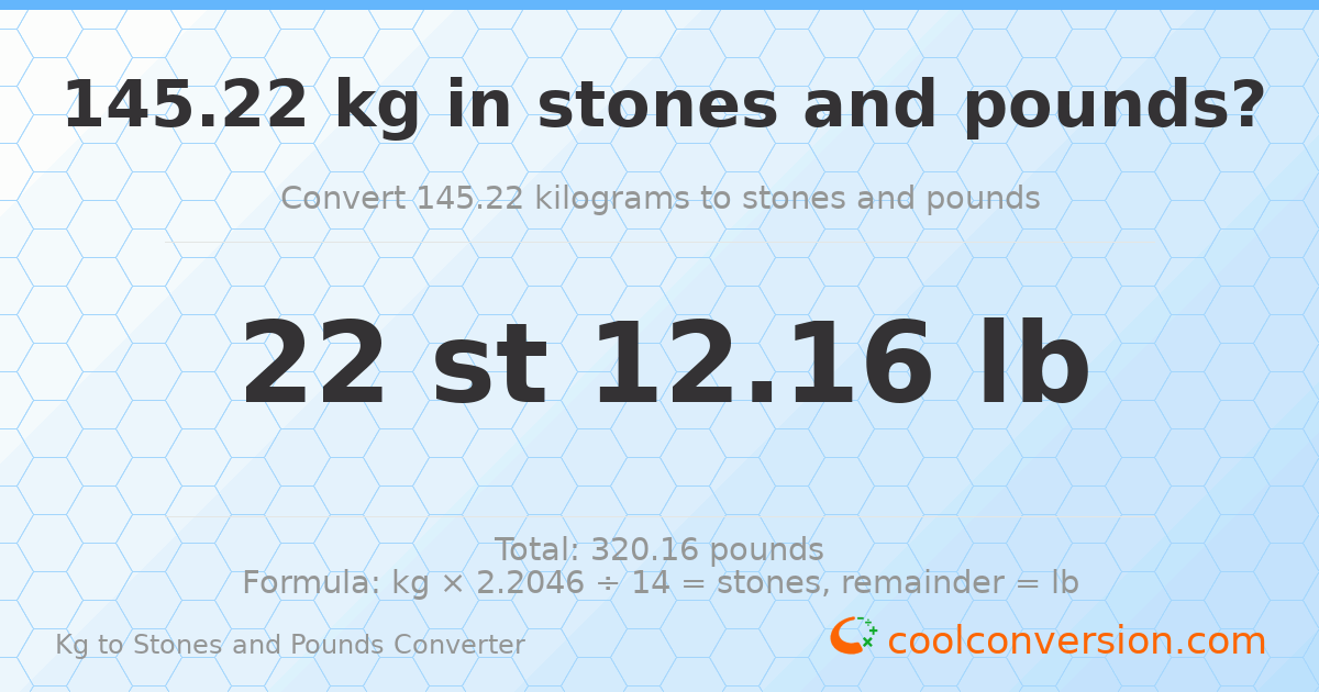145.22 kg to stones and pounds — 145.22 kg = 22 st 12.16 lb