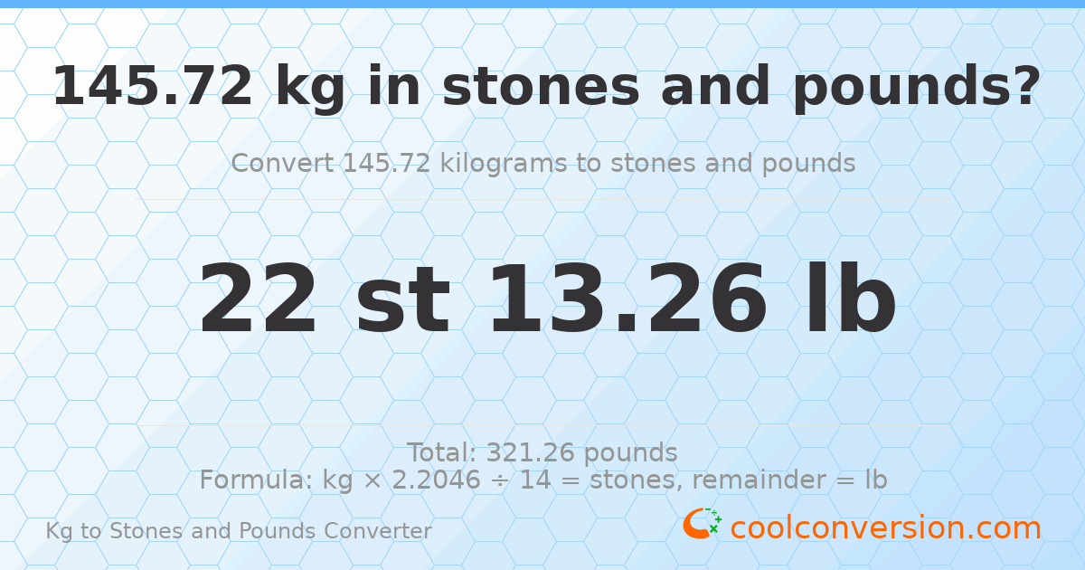 145.72 kg to stones and pounds — 145.72 kg = 22 st 13.26 lb