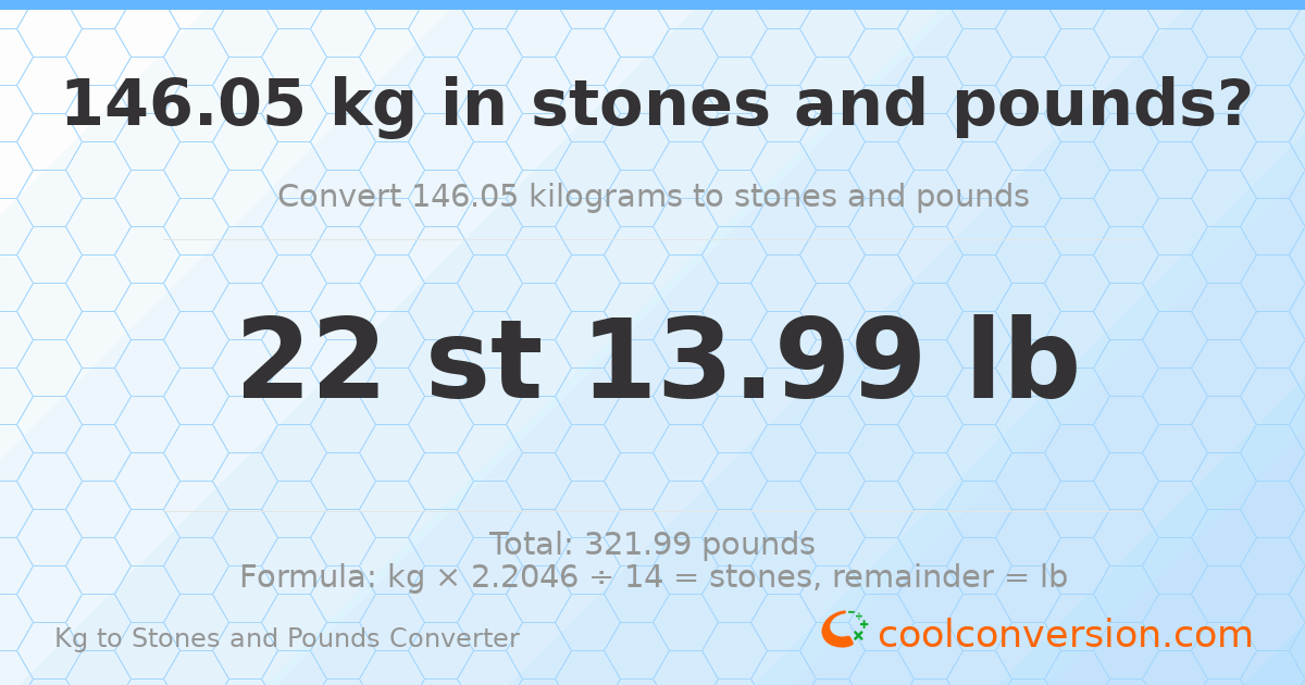 146.05 kg to stones and pounds — 146.05 kg = 22 st 13.99 lb