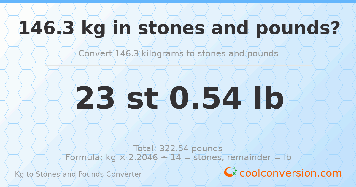 146.30 kg to stones and pounds — 146.30 kg = 23 st 0.54 lb