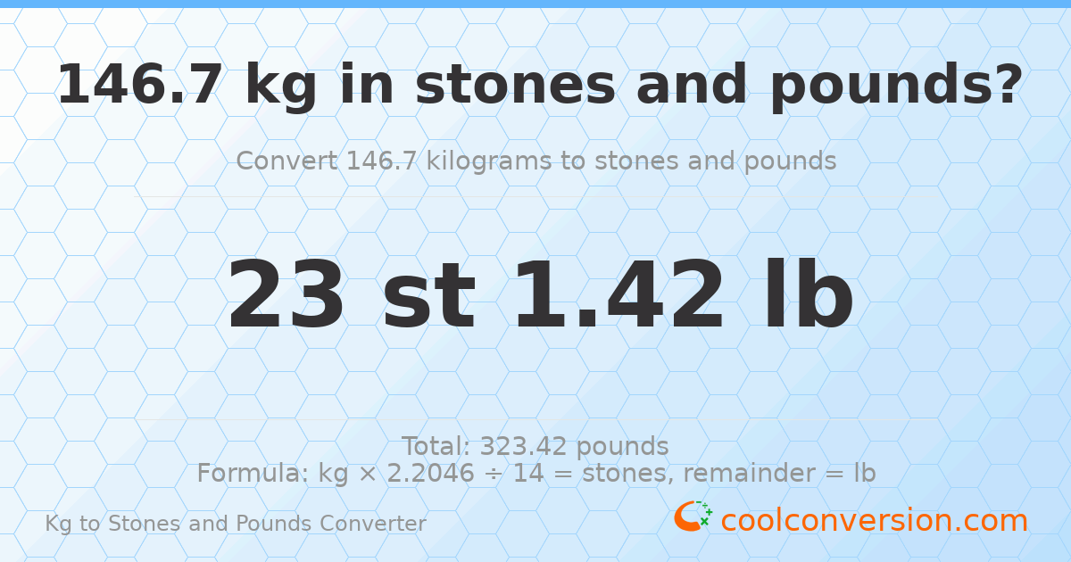 146.7 kg to stones and pounds — 146.7 kg = 23 st 1.42 lb