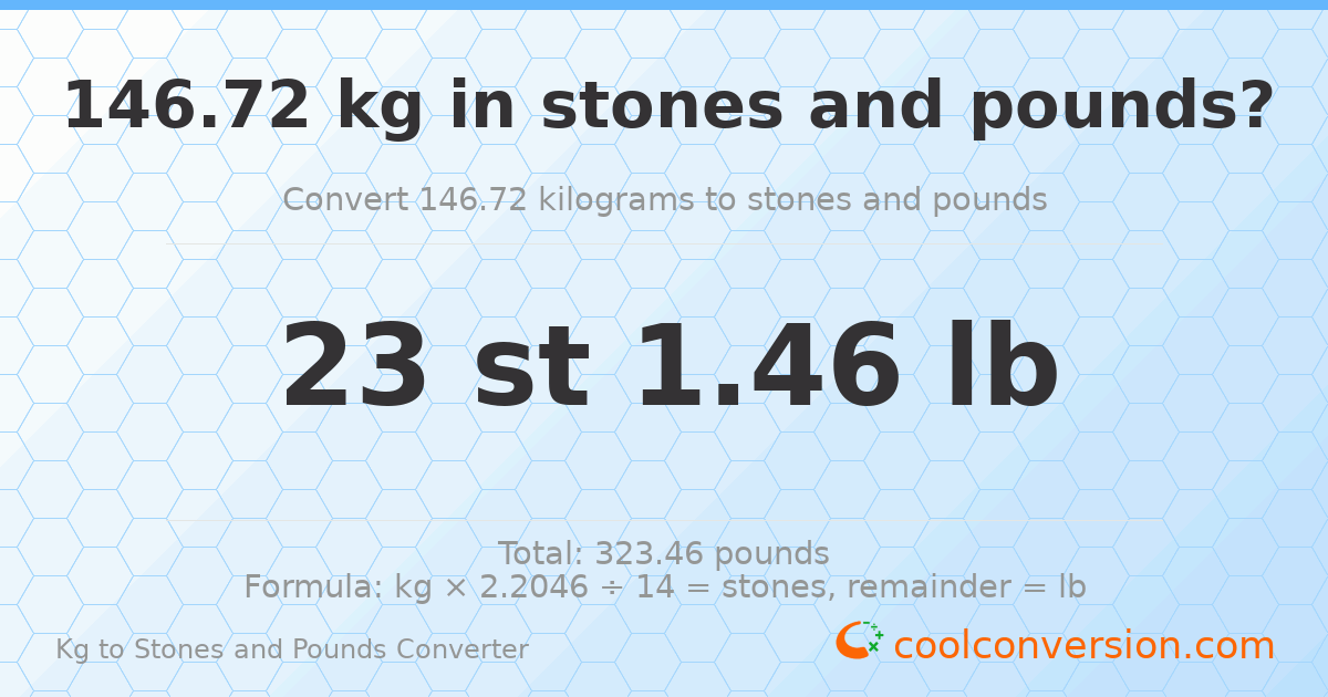 146.72 kg to stones and pounds — 146.72 kg = 23 st 1.46 lb
