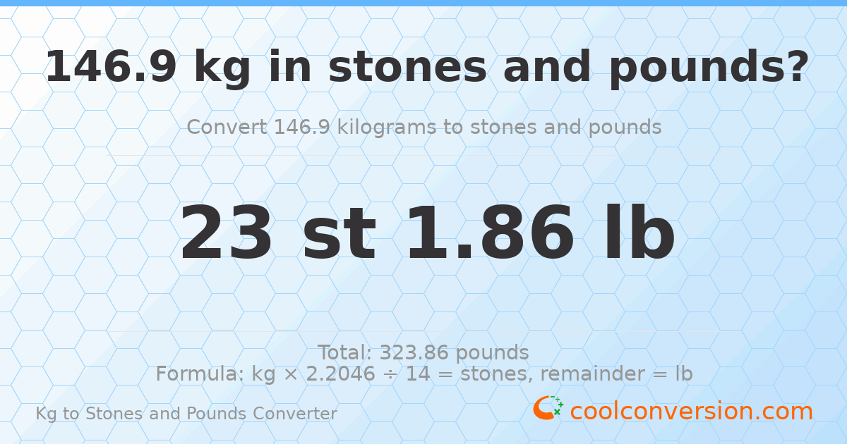 146.90 kg to stones and pounds — 146.90 kg = 23 st 1.86 lb