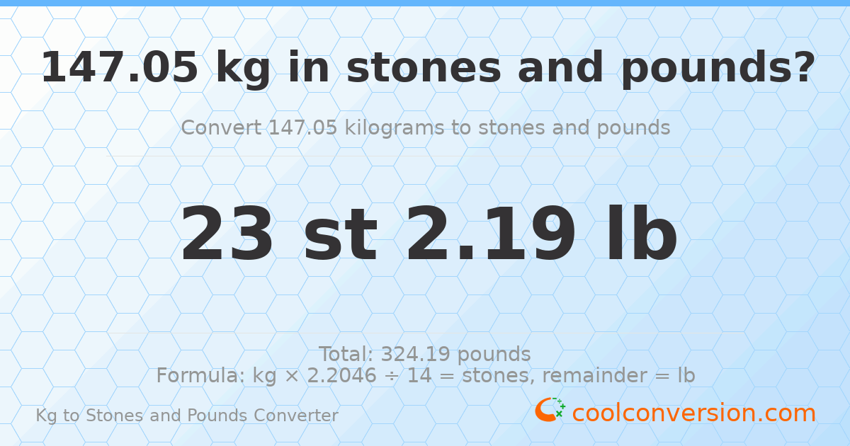 147.05 kg to stones and pounds — 147.05 kg = 23 st 2.19 lb