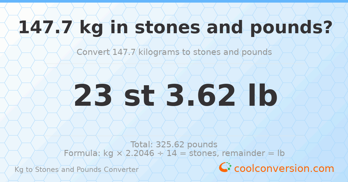 147.70 kg to stones and pounds — 147.70 kg = 23 st 3.62 lb