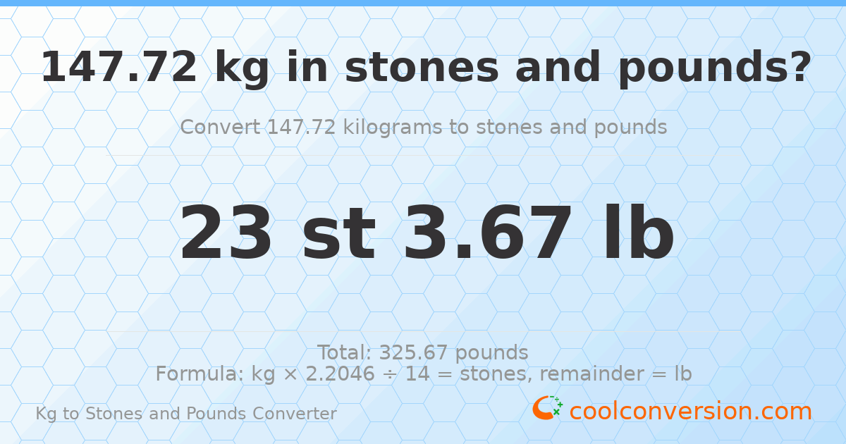 147.72 kg to stones and pounds — 147.72 kg = 23 st 3.67 lb