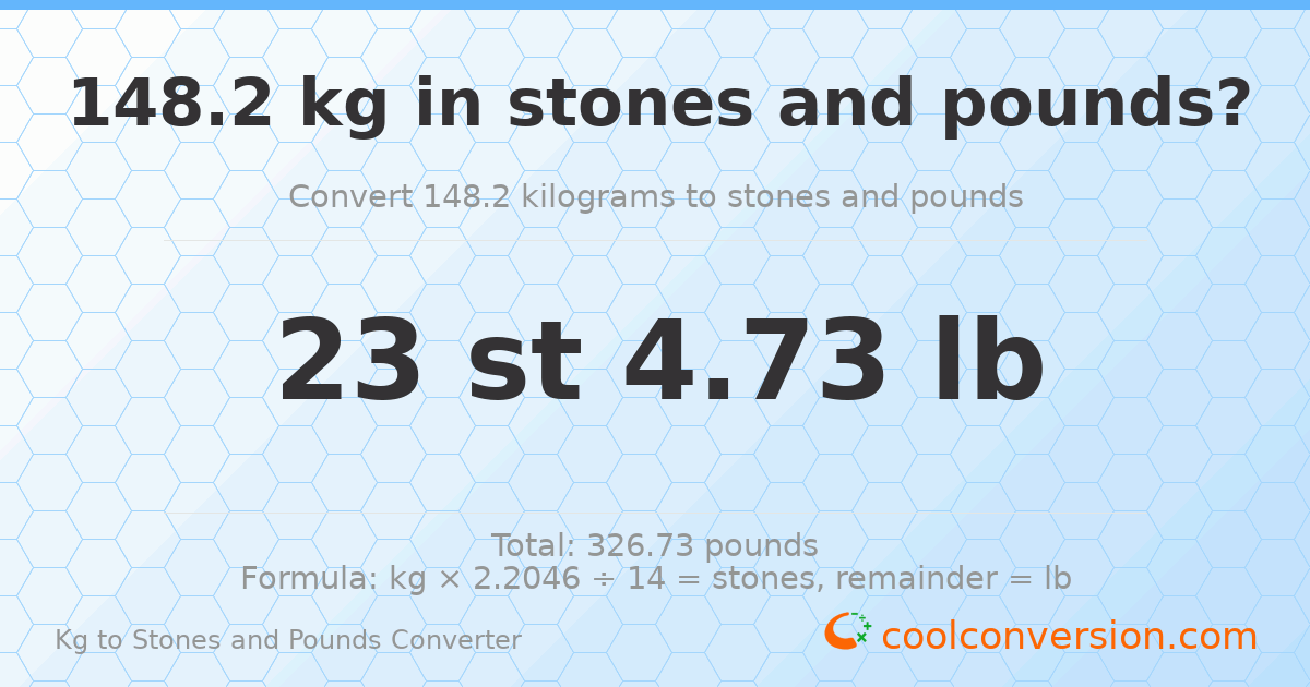 148.2 kg to stones and pounds — 148.2 kg = 23 st 4.73 lb