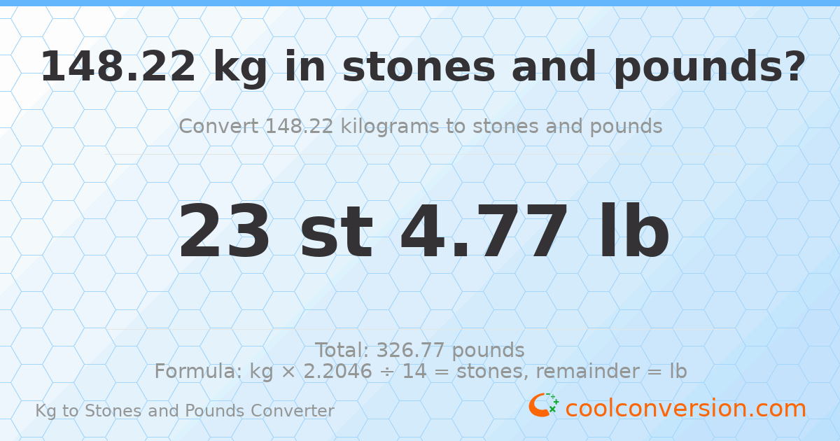 148.22 kg to stones and pounds — 148.22 kg = 23 st 4.77 lb