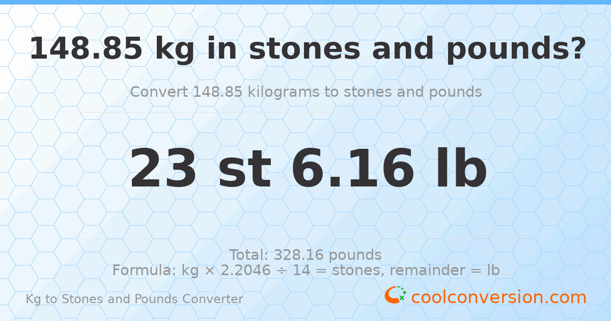 148.85 kg to stones and pounds — 148.85 kg = 23 st 6.16 lb