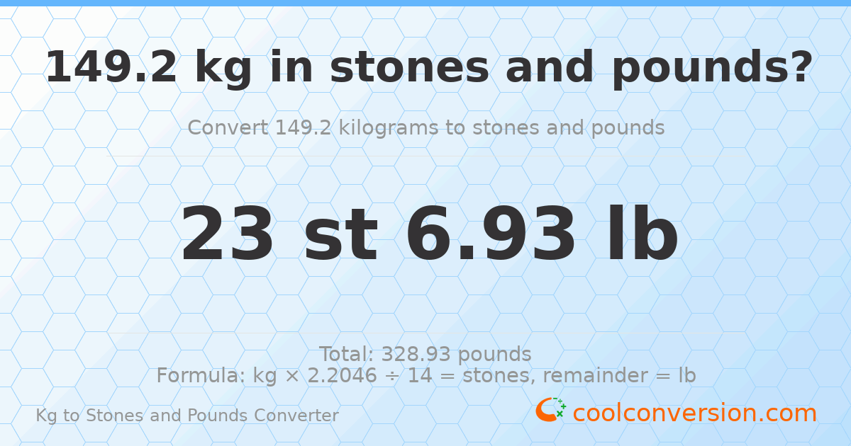 149.20 kg to stones and pounds — 149.20 kg = 23 st 6.93 lb