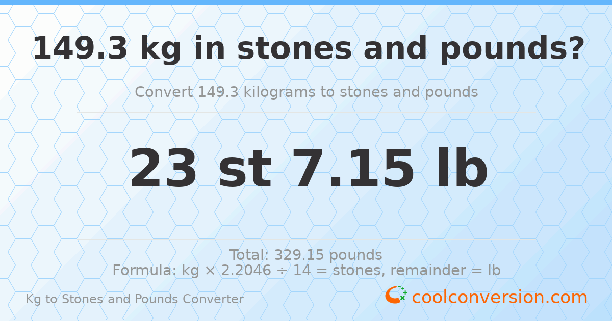 149.30 kg to stones and pounds — 149.30 kg = 23 st 7.15 lb