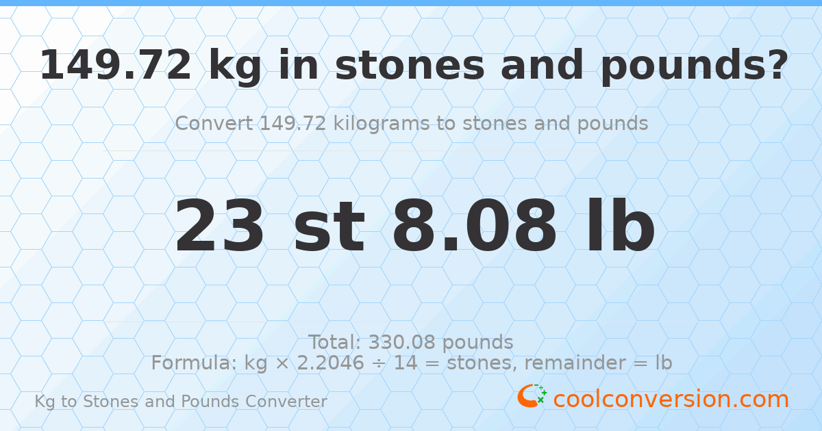 149.72 kg to stones and pounds — 149.72 kg = 23 st 8.08 lb