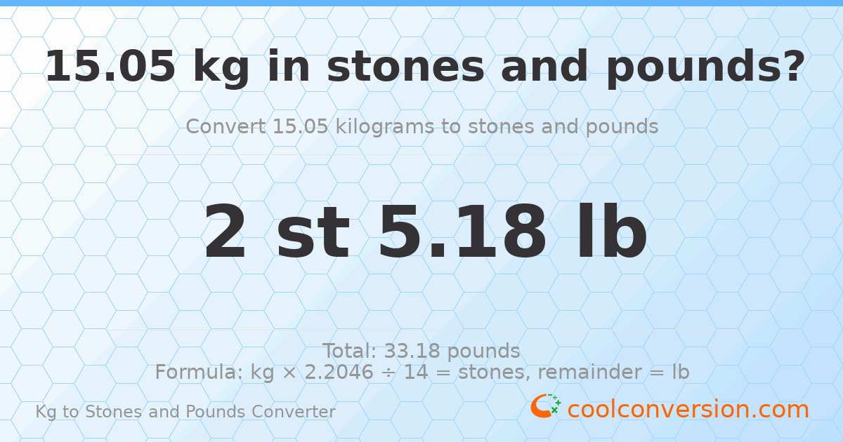 15.05 kg to stones and pounds — 15.05 kg = 2 st 5.18 lb