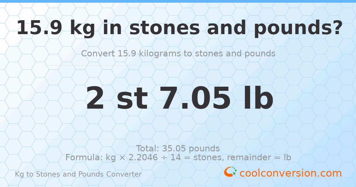 15.90 kg to stones and pounds — 15.90 kg = 2 st 7.05 lb