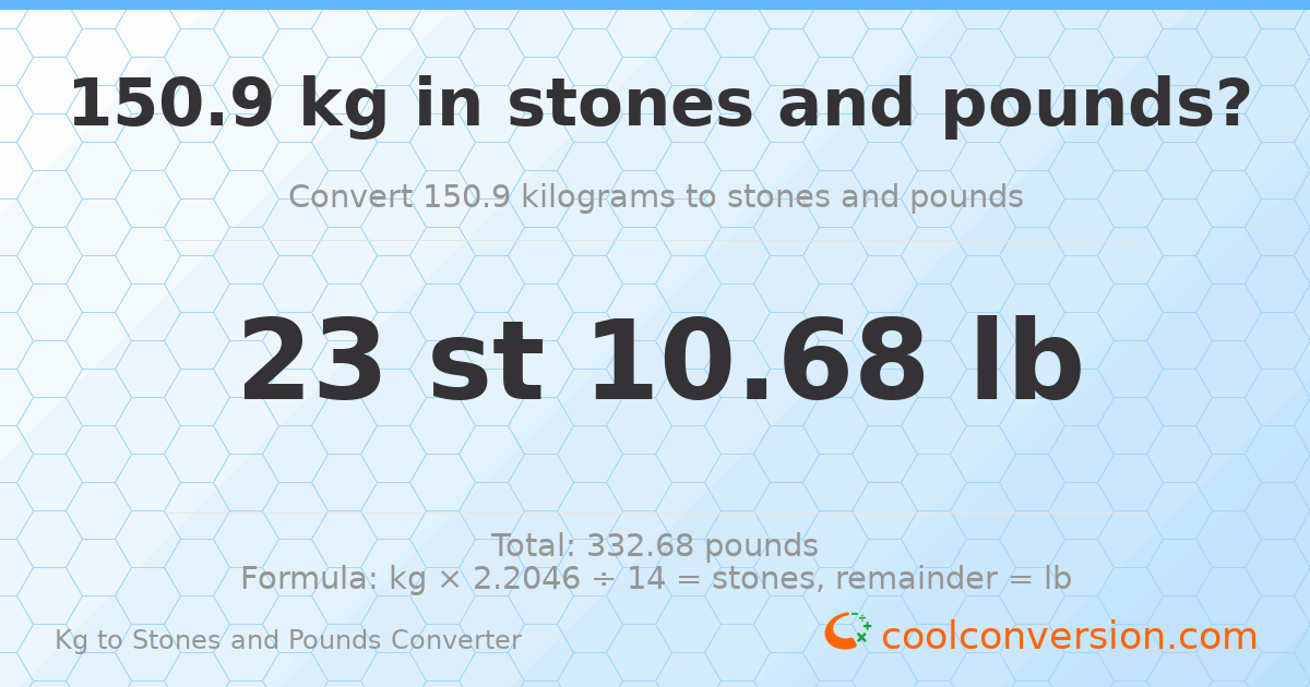 150.90 kg to stones and pounds — 150.90 kg = 23 st 10.68 lb