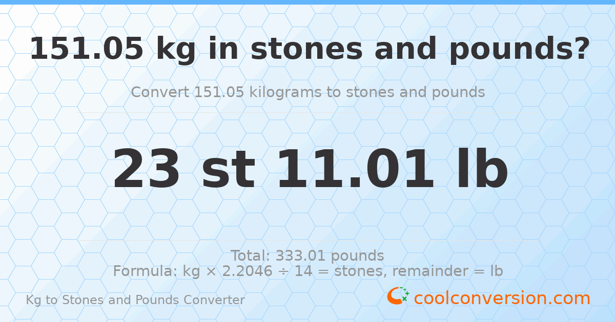 151.05 kg to stones and pounds — 151.05 kg = 23 st 11.01 lb