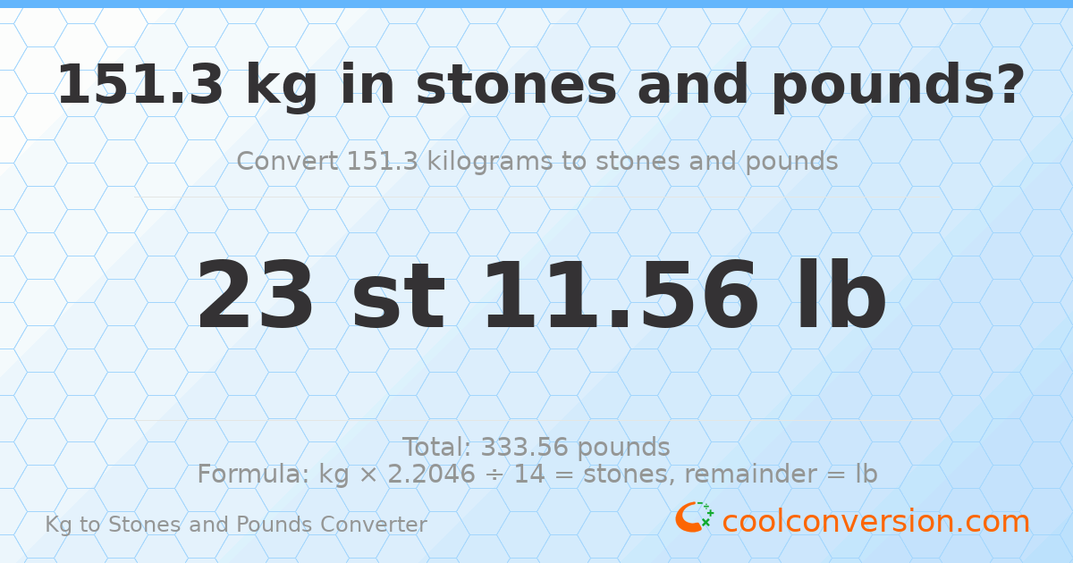 151.3 kg to stones and pounds — 151.3 kg = 23 st 11.56 lb