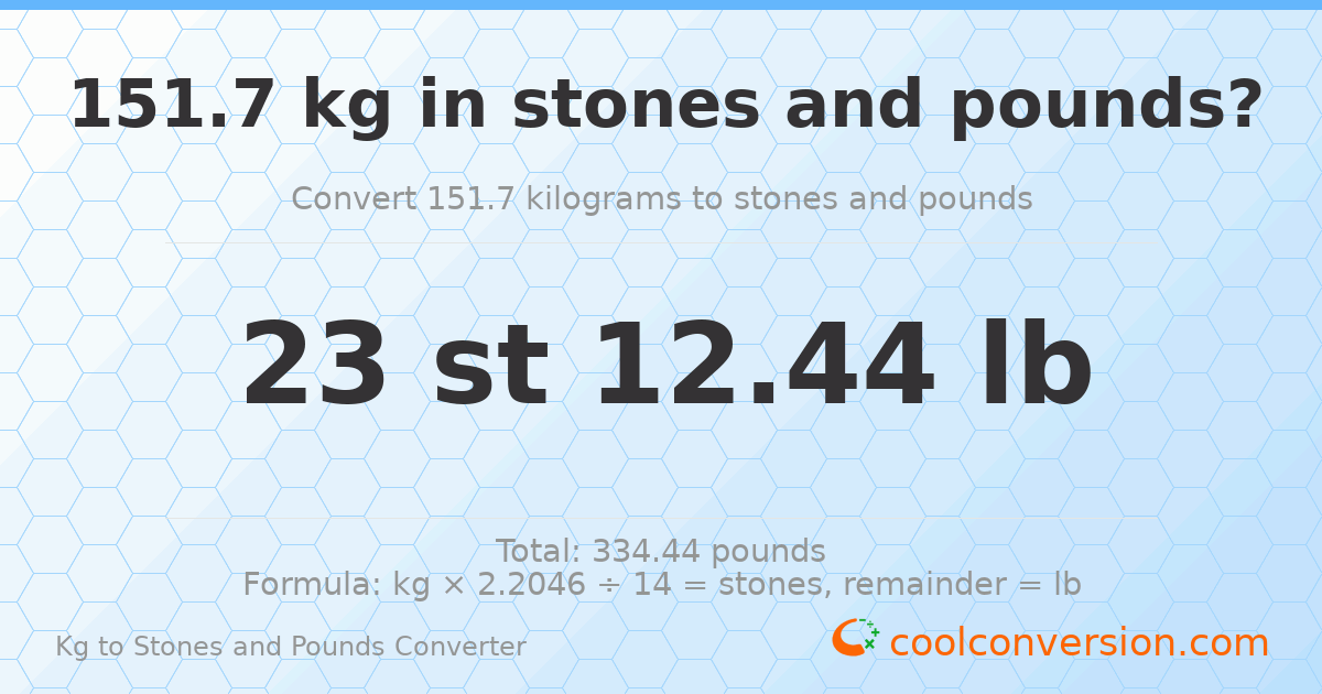 151.7 kg to stones and pounds — 151.7 kg = 23 st 12.44 lb