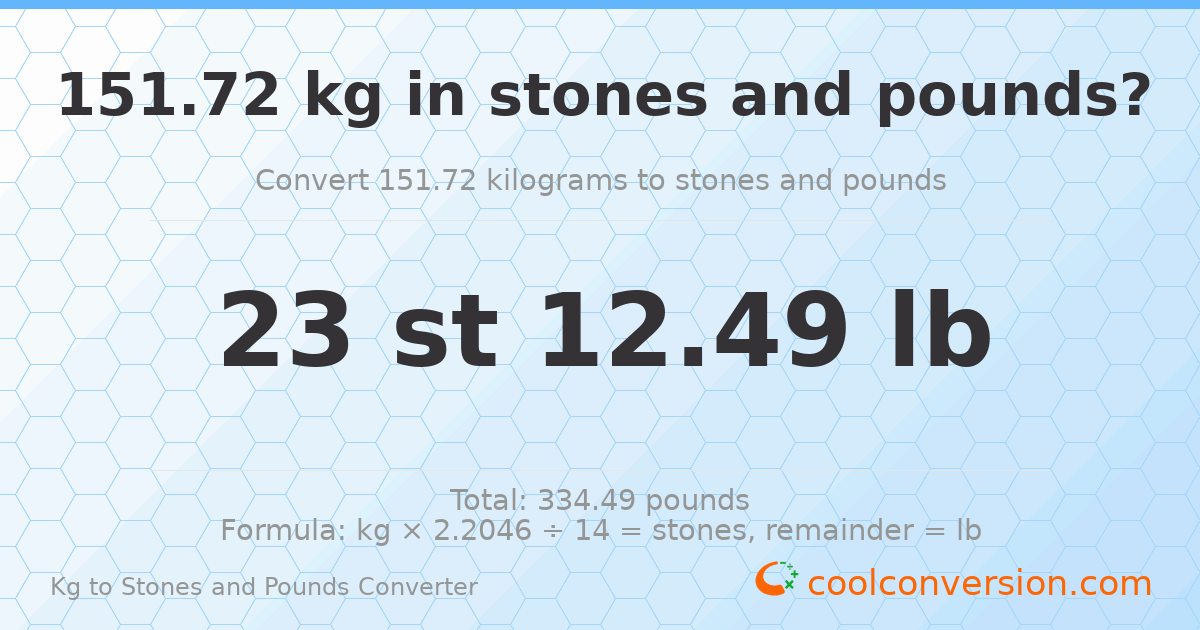 151.72 kg to stones and pounds — 151.72 kg = 23 st 12.49 lb