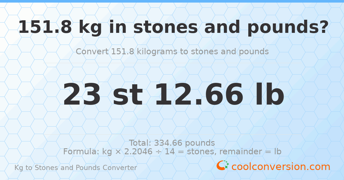 151.8 kg to stones and pounds — 151.8 kg = 23 st 12.66 lb
