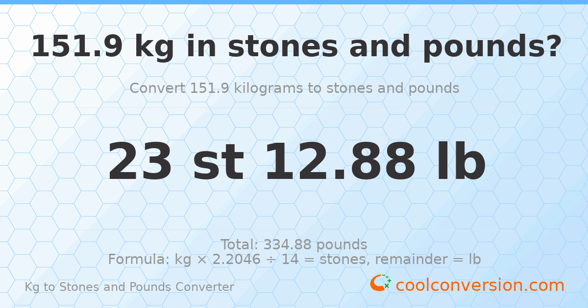 151.90 kg to stones and pounds — 151.90 kg = 23 st 12.88 lb
