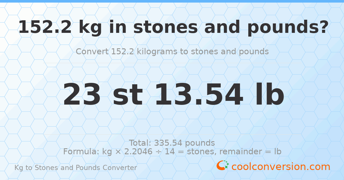 152.2 kg to stones and pounds — 152.2 kg = 23 st 13.54 lb
