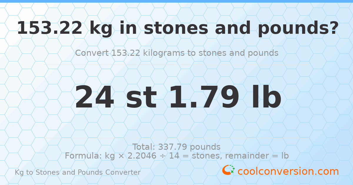 153.22 kg to stones and pounds — 153.22 kg = 24 st 1.79 lb