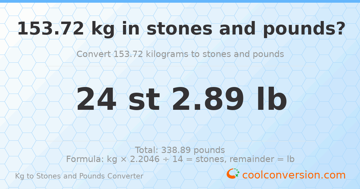 153.72 kg to stones and pounds — 153.72 kg = 24 st 2.89 lb