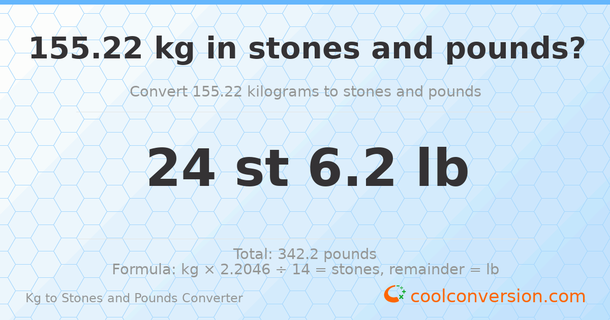155.22 kg to stones and pounds — 155.22 kg = 24 st 6.20 lb