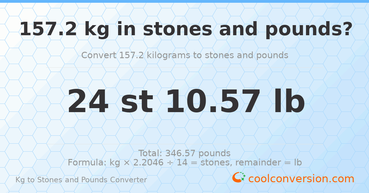 157.20 kg to stones and pounds — 157.20 kg = 24 st 10.57 lb